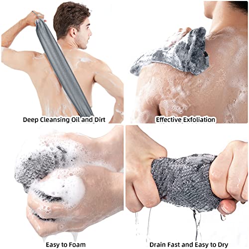 Image of WOVTE 2 Pack Stretchable Back Scrubber for Shower Nylon Exfoliating Washcloth Towel Back Washer with Handles Two Sides Exfoliating Body Scrubber for Men Women Shower Deep Clean Skin Massages