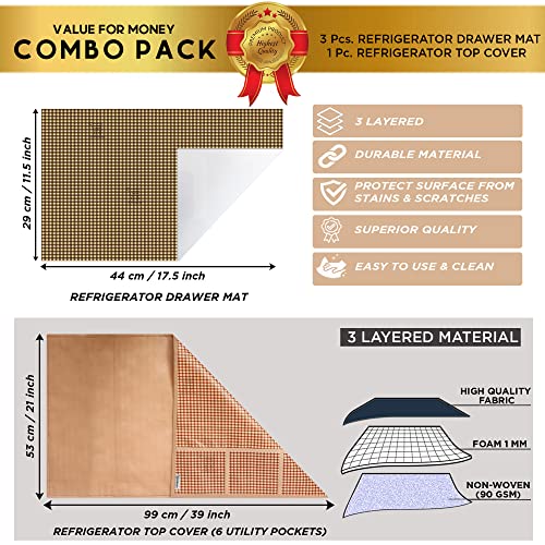 Image of PVC Waterproof 3-Layered Fridge Top Cover /Refrigerator Cover With Utility Pockets and Set of 3 Pc Fridge Mats (Colour-Brown, Size-39x21 Inches)