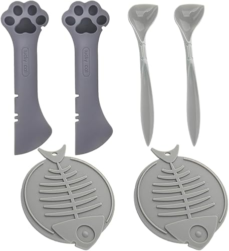 mwellewm Juego de 6 suministros para latas de comida para mascotas, 2 tapas universales de silicona para latas de gatos, 2 mini espátulas