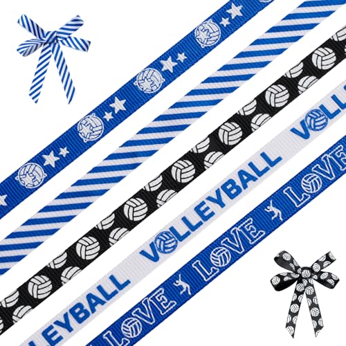 FAKILO Volleyball Ribbons 5 Rolls 25 Yards 3/8 Blue Grosgrain Cute Sports Volleyball Ribbons for Gift Wrapping Making Hair Bows Sports Theme Party Decor