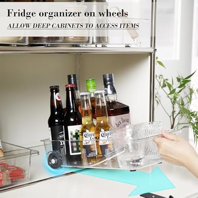 Fridge Organizer Bins With Wheels, 2 Pack Roll Out Refrigerator Organizers And Storage Refrigerator Drawer With Dividers, Upgrade Thick Plastic Pantry Storage Bins, Kitchen Organization