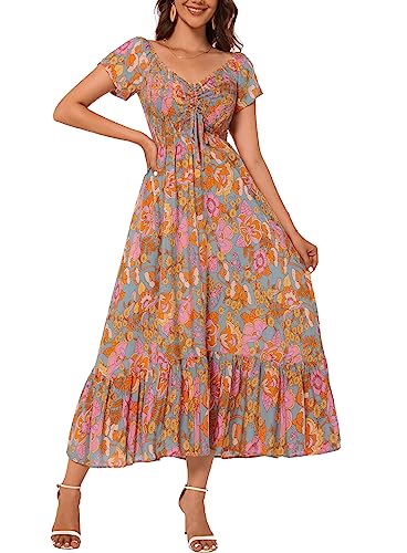 Image of Summer Smocked Boho Maxi Dress for Women 2026 Short Sleeve Floral Smocked Flowy Ruffled Beach Vacation Dresses Lightweight