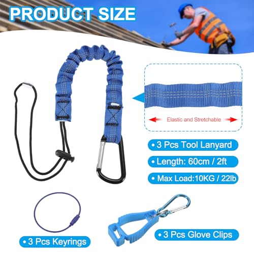 Image of MECCANIXITY Retractable Tool Lanyard 2ft with Aluminum Buckle and Adjustable Loop End, Included Glove Clamps and Keychains, Fall Protection Tools Leash for Hand Tools, Blue 3 Pack