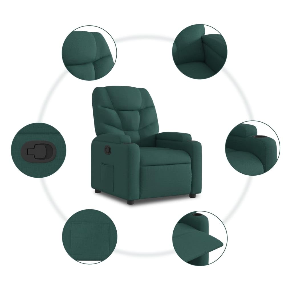 Relaxsessel Dunkelgrün mit manueller Liegefunktion, 74x89x100 cm, Stoffbezug, Getränkehalter und Seitentasche, Robustes Metall-Holz-Gestell für Wohnzimmer und Home-Cinema