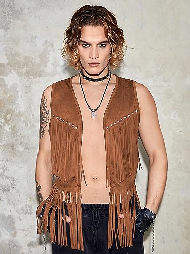 Image of Verdusa Men's Sleeveless V Neck Studded Detail Fringe Trim Open Front Vest Jacket