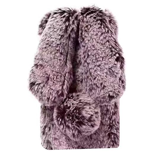 QIHANG plysch kaninskal för Huawei Honor 9, söt pälsig öron hårbollar vinter mjuk varm fluffig mobilskal falsk päls glitter diamant stötsäkert skal, Huawei Honor 8X, BRUN