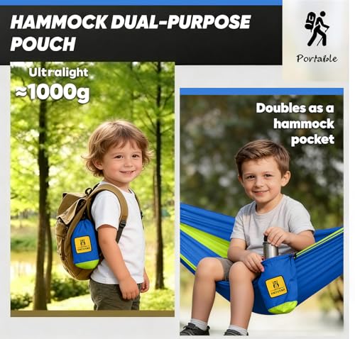 Image of Small Camping Hammock with Mosquito Net, 450 lbs Portable Hammock with Tree Straps, 2-in-1 Double /Single Travel Hammocks, Hammock for Outside /Indoor /Backpacking /Beach - Lake Blue & Green