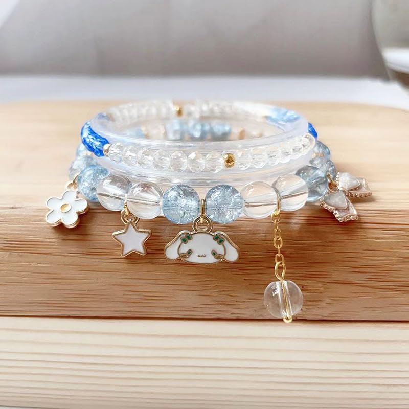 Kawaii Bracelets Cinnamoroll Crystal Beads Bracelet Set Cute Cartoon Elastic Beaded Pearl Blue Bracelets Jewelry for Women Blue Friendship Bracelet Christmas Stocking Stuffers for Women (Blue 2) - Image 5