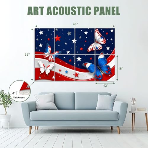 Paquete de 8 Paneles Acústicos Artísticos Patrióticos Rojiblancos Azules con Mariposas Estrellas y Rayas 48"x32" miniatura 2