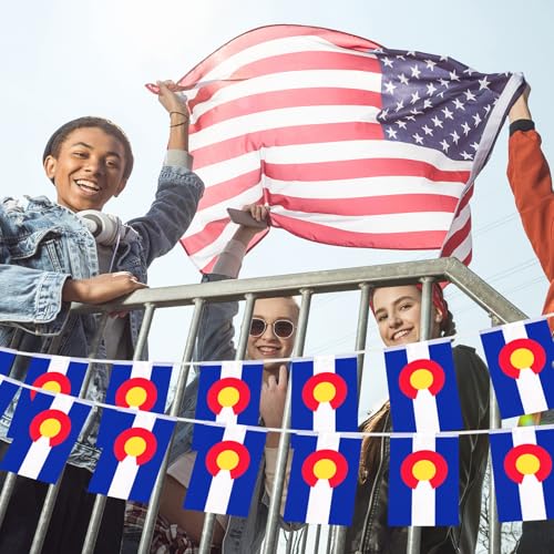Image of 32.8 ft Colorado Flag Banner, 30 Pcs Mini State String Flags, Red Blue White Gold Bunting for Colorado Day, Parades, Outdoor Events, Home, Garden, and Festival Decorations