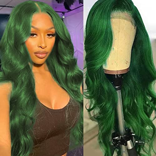 Colorful Bird Green Lace Front Wigs Human Hair Body Wave 13x4 HD Lace Frontal Wig Pre Plucked with Baby Hair Dark Green Colored Brazilian Lace Front Human Hair Wigs Glueless 180% Density 18 inch