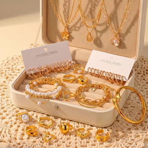 Image of Jewelry Set for Women with Multi Layer Necklaces Bracelets Hoop Earrings Set Stackable Knuckle Rings, 14k Gold Plated Jewerly Set for Everyday Styling and Gifting
