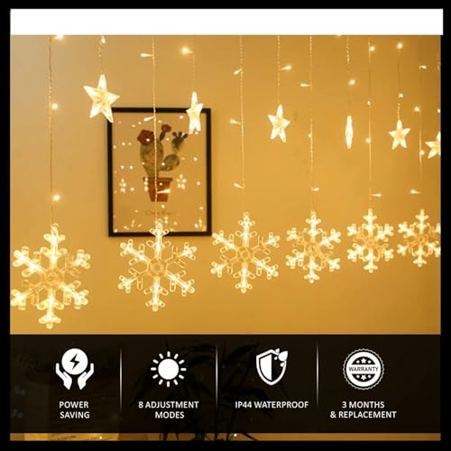 Image of K D Waterproof 6 Snow+ 6 Star Warm Yellow 138 LEDs Curtain LED String Lights with 8 Flashing Modes Indoor Outdoor for Home, Diwali, Christmas (Warm Yellow)