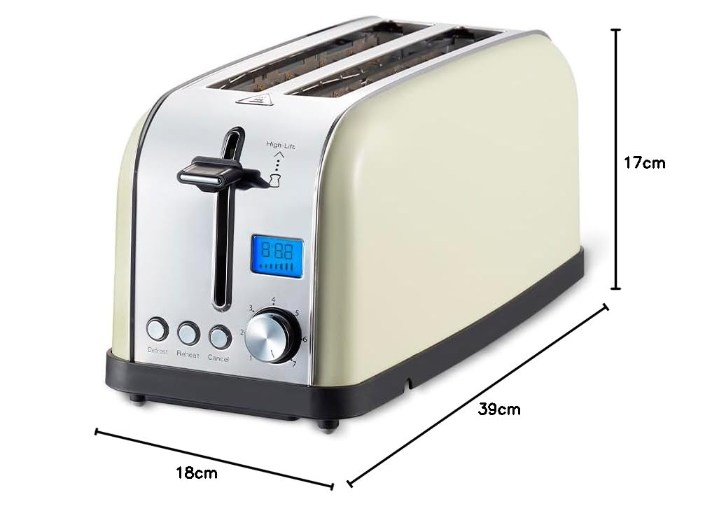 PRIXTON Tostadora Bianca Pro, Tostador con 2 Ranuras para 4 Tostadas, Potencia 1500 W, 7 Niveles de Tostado, Pantalla LCD con Temporizador, Función Descongelar, Recalentar, Acero Inoxidable