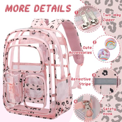 Image of Three-layer Clear Backpack, Heavy Duty Clear Bookbag for Kids, See Through Backpack Transparent Bag for Girls Boys (Pink Leopard)