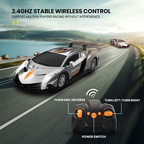 Holyton Remote Control Car 2.4GHz RC Cars for Kids and Toddler, 1/18 Scale Model Electric Vehicle with LED Lightning, 2 Rechargeable Batteries, Fast Car Toys for Boys and Girls, Color Silver - Thumbnail 7