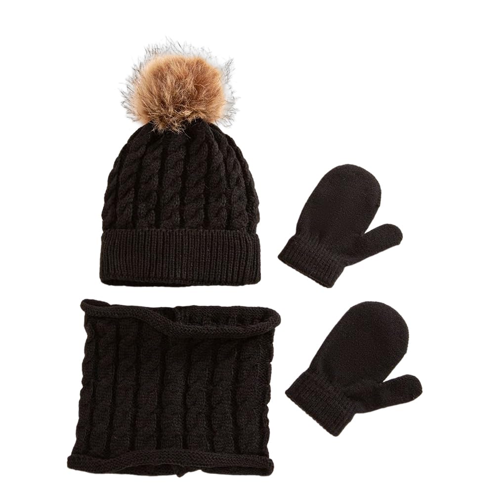 KIXZSAZ Beanie Hat Gloves Crochet Thick Scarf * for Pom Pom Bobble Hat with Faux Twist Printing Winter Color Woollen Accessories Sets Boys