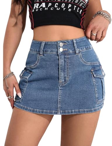 Jean Skorts for Woman Denim Mini Skort Cargo Pockets High Waisted Stretch Denim Skirt with Shorts in Back Blue L