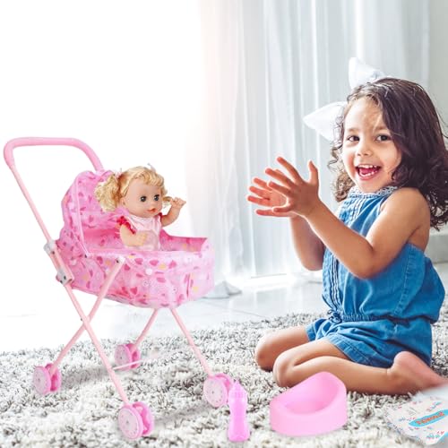 Cochecito de muñeca con voz interactiva y accesorios para juego de simulación portátil 5