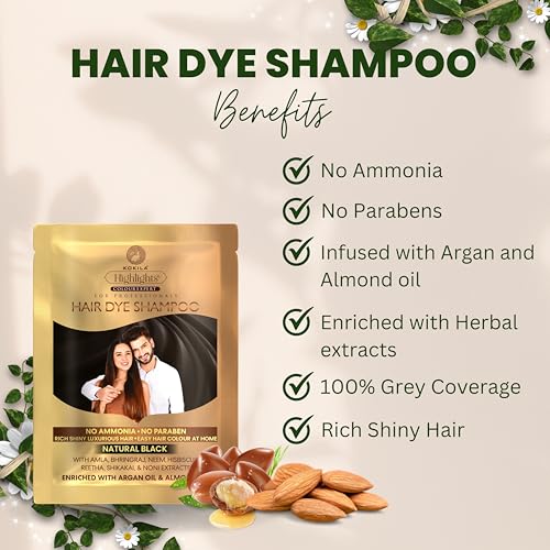 Image of Kokila Unisex Hair Color Shampoo Sachet, Color in just 5 minutes, No Ammonia - No Paraben, Natural Black (25mlx5 Sachets)