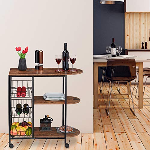 Relaxdays Chariot de Service, Cuisine,3 Supports, paniers, Industriel, métal et MDF, HlP 84x83x37 cm,Noir,Brun, Acier, 1 élément - Image 3