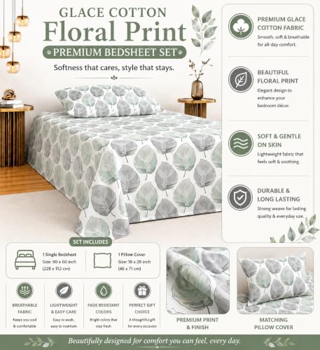 Image of IVAZA 240 TC Soft Ezyption Cotton Floral Print Single Bed Bedsheet - with 1 Pillow Covers, Hypoallergenic, Brethable, (Size- 60 x 90 Inch | Damask Firozi