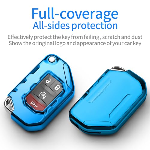 Image of Compatible with Jeep Key Fob Cover With Leather Keychain Soft TPU Protection Key Case for 2018-2026 Wrangler JL JLU Rubicon Wagoneer Gladiator JT Sahara JLU Remote Key (Aurora Blue)