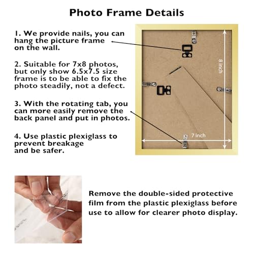 Image of JCJMY 7x8 Picture Frame Gold for Wall Hanging or Tabletop, Wall Mounting Horizontally or Vertically, 7 x 8 Wall Gallery Poster Photo Frame with Shatter Resistant Plexiglass, Gold