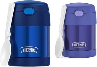 THERMOS FUNTAINER 10 Ounce Stainless Steel Vacuum Insulated Kids Food Jar Bundle with Folding Spoons, Navy and Purple