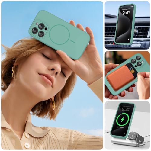 Image of miracase Magnetic for iPhone 15 Pro Case, [Soft Anti-Scratch Microfiber Lining], Compatible with MagSafe, Liquid Silicone Shockproof Drop Protection Phone Case for 15 Pro, Midnight Green