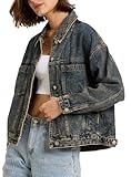 Ladyful Women's Jean Jacket Oversized Button Down Long Sleeve Distressed Denim Jacket Vintage Trucker Coat with Pockets