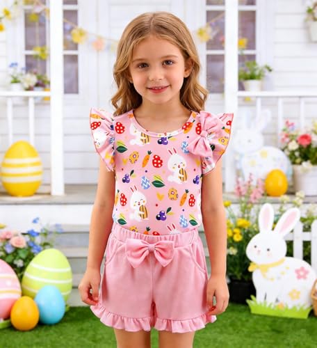 Image of Barlver Girls 2 Piece Short Set Baby Girl Summer Clothes Ruffle Sleeve T-Shirt and Bow Knot Shorts Toddler Girl Outfit Set