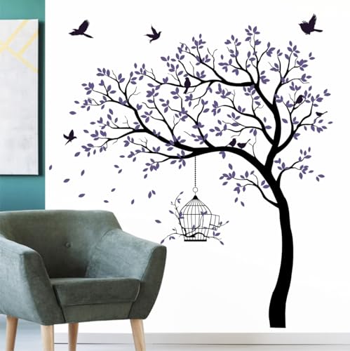 Image of Rawpockets Tree with Birds and Cage Self Adhesive Wall Sticker (Purple)-Vinyl