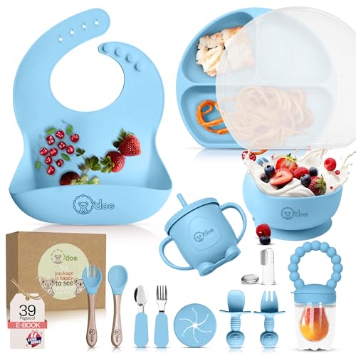 Image of O'doe 17-Piece BPA-Free Silicone Baby Feeding Set | Thick & Soft Suction Plates, Baby Bowls, Wooden Fork & Spoon, and More | Make Mealtime Fun and Easy for Your Little One (Blue, V2)