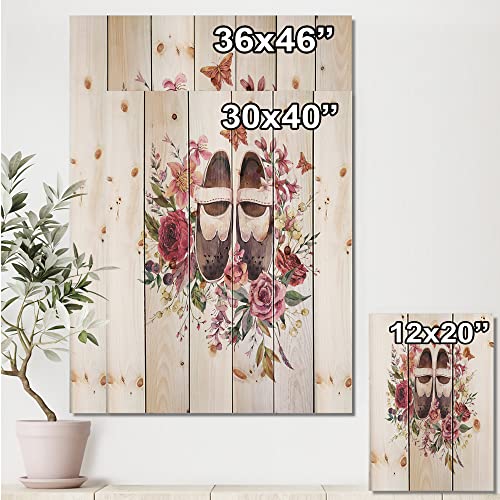 Image of DesignQ Vintage Oxford Shoes With Wildflowers Farmhouse Wood Wall Decor, White Wood Wall Art, Large Floral Wood Wall Panels Printed On Natural Pine Wood Art