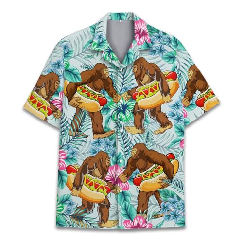 Tropical Bigfoot Hawaiian Shirts for Men Women, Bigfoot Sasquatch Summer Beach Aloha Button Down Short Sleeve