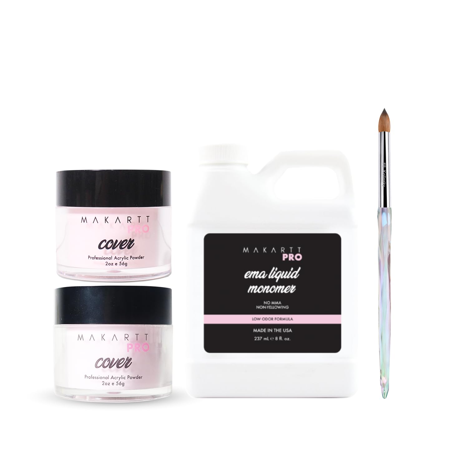 MakarttPro Acrylic Nail Starter Kit – 2 Colors Acrylic Powder Set (Pink Silk & Sugar Petal), EMA Monomer 8oz & Kolinsky Brush #8, Low Odor MMA-Free System for Nail Extensions, Sculpting & Salon or Hom