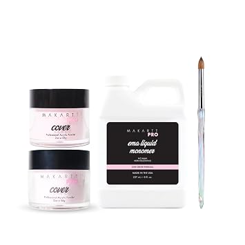 MakarttPro Acrylic Nail Starter Kit 2 Colors Acrylic Powder Set Pink Silk & Sugar Petal, EMA Monomer 8oz & Kolinsky Brush #8, Low Odor MMA-Free System for Nail Extensions, Sculpting & Salon or Hom