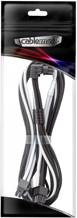 CableMod RT-Series Pro ModMesh Sleeved 12V-2x6 12VHPWR 90° StealthSense PCIe Cable for ASUS/Seasonic/Phanteks - Variant B (Black + White, 16-pin to Dual 8-pin, 60cm)