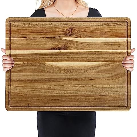 Fashionwu Extra Large Acacia Wood Cutting Board, 24 x 18 Inch Kitchen Cutting Board with Juice Slot and Handles, Reversible Wood Block Butcher Block Cutting Board for Meats, Vegetables and Cheeses Cover