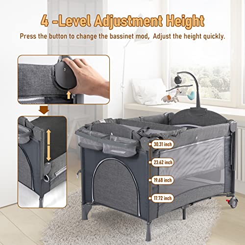 Image of Baby Bassinet Bedside Sleeper Baby Crib, Pack and Play with Bassinet and Changing Table, Portable Travel Baby Playpen with Bassinet Toys & Music Box, Mattress for Girl Boy Infant Newborn Gray