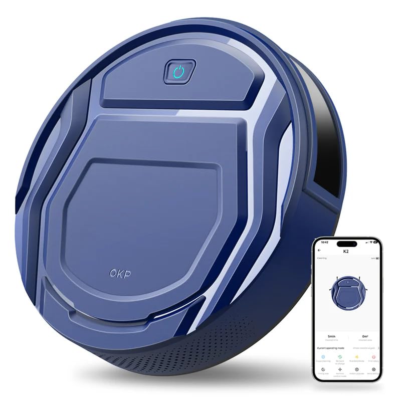 OKP K2 Aspirapolvere Robot, 2100Pa, 120 Minuti, Design Ultra Sottile e Silenzioso, 4 Modalità di Pulizia, Antigroviglio, WiFi/App/Alexa, Ideale per Peli di Animali Domestici, Pavimenti e Moquette, Blu