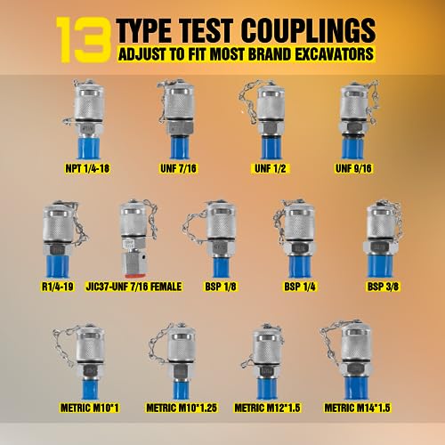 Image of 70DC Digital Hydraulic Pressure Test Coupling Kit Hydraulic Pressure Gauge Kit for Excavator Construction Machinery Range 80mm～10000PSI (700BAR /70MPa), 2 Gauge 18 Couplings 29 Run Tees