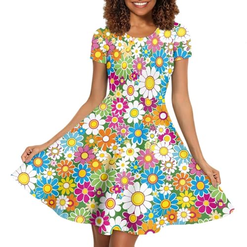 Image of HUGS IDEA Womens Puffy Swing Midi Dress Round Neck Short Sleeve Party A-Line Dresses