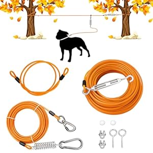 Heavy-Duty Dog Tie-Out Cable Runner System for Yard & Camping, 50/100/200ft with 10/15ft Pulley Line, Supports Dogs Up to 250lbs (Orange, 50FT)