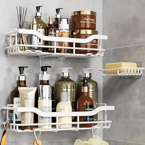 OMAIRA Shower Caddy 3-Pack, Adhesive Shower Organizer with Soap Holder, Rustproof No Drilling Shower Shelves for Inside Shower & Bathroom Organizer, White(X-Large) Cover