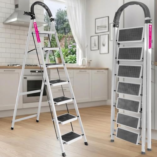 Image of Casa Copenhagen White 7 Step Ladder for Home Use with Built-in Tool Tray | Heavy Duty D Shape Rods | Ultra Large Platform | Wide Rubber Feet | 150Kg Capacity Foldable Ladder - 7 Years Warranty