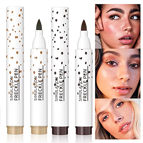 2 Pcs Freckle Pen Set, Quick Create Realistic Sunkissed Fake Freckles Makeup, Lifelike Waterproof Long Lasting Soft Dot Spot Faux Freckle Makeup Pen, Light Brown & Dark Brown