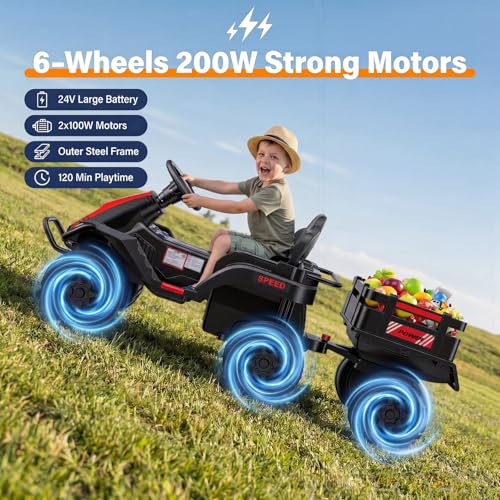 Image of Hikole 24V Ride on Toys Tractor for Kids 3+ w /Trailer, Electric Car, Black
