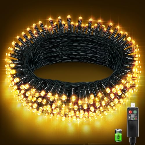 Luci Albero di Natale,10+3M 100LED Luci Natale Esterno Batteria,8 Modalità Luci di Natale da Esterno a Batteria,Timer,Funzione Memoria,Luci Natalizie da Esterno per Giardino Balcone,Bianco Caldo